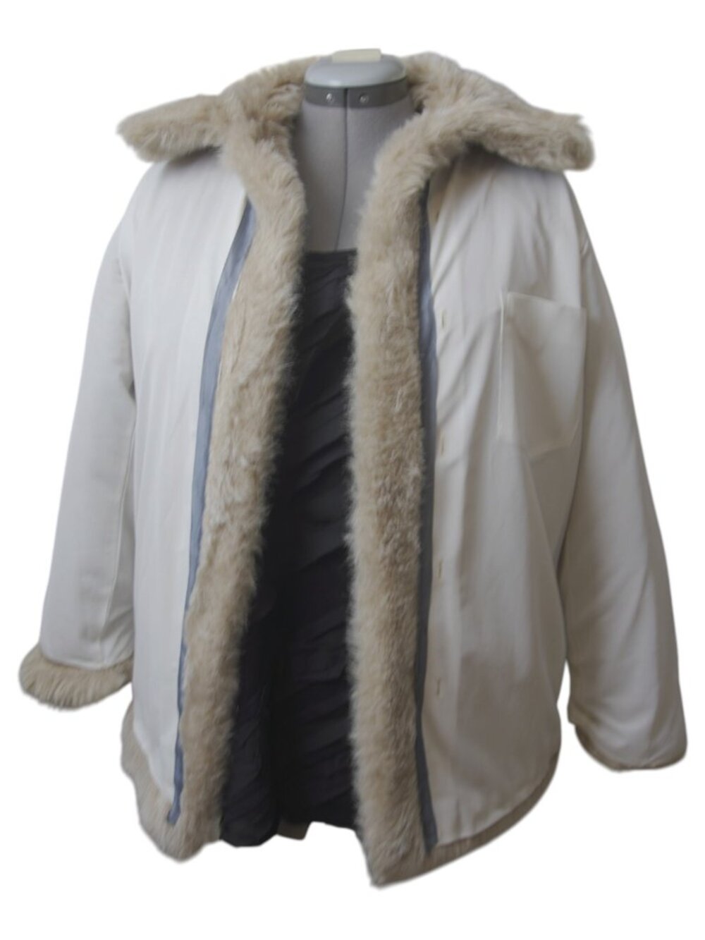 Cream Faux Fur Teddy Coat Collared Lined Jacket with Pockets Hook & Eye No Tag - Picture 8 of 11